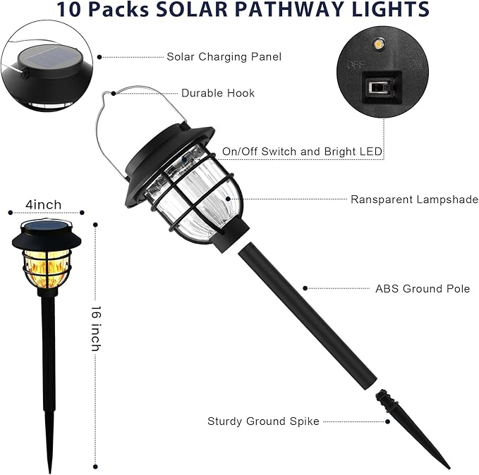 10 Pack Solar Pathway Lights Outdoor - Bright Solar Powered Garden Lights with 3000K Warm LED, Auto On/Off Waterproof Path Lights Decorative, Landscape Lighting for Yard Patio Walkway Driveway-VerdiqueGarden