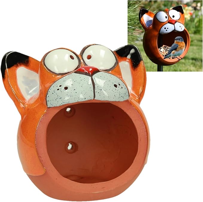 Ceramic Garden Decor - Cat Lawn Stake - Bird Feeder - Outdoor Statue - Perfect, Unique Gifts for Gardeners Woman, Men - Handmade, Frostproof-VerdiqueGarden