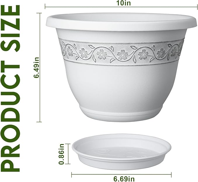 10 Inch Plant Pots with Drainage Hole - Lightweight Flower Pots for Herbs and Flowers - Home Decor Plastic Planters for Indoor Outdoor Plants- Pack of 4 (White, 10 inch)-VerdiqueGarden