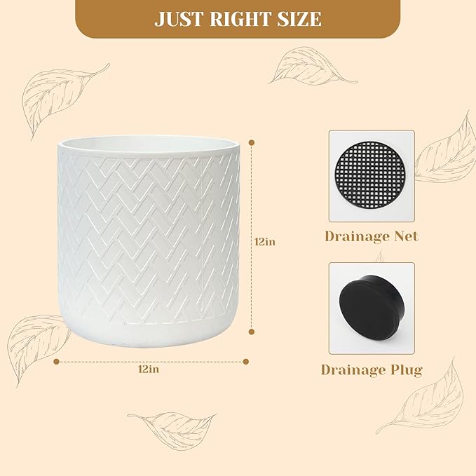 12 Inch Flower Pot Without Bracket with Drainage Holes Suitable for Indoor and Outdoor Decorative Planting (White Rectangle, 12 Inches)-VerdiqueGarden