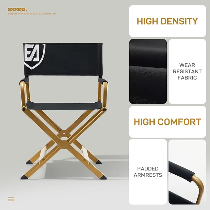 EVER ADVANCED Aluminum Directors Chair, Folding Studio Movie Chairs Camping Event Vendor Chair, 19" Seat Height Black Fabric/Golden Frame, Support 350lbs-VerdiqueGarden