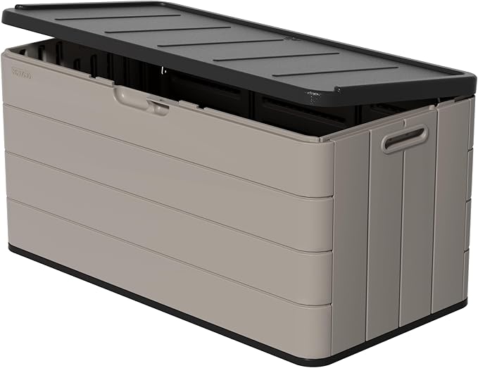 Heavy-Duty 100 Gallon Outdoor Storage Bench - Waterproof Patio Deck Box for Outside Use, Lockable Resin Storage with UV Protection, Granite Grey-VerdiqueGarden