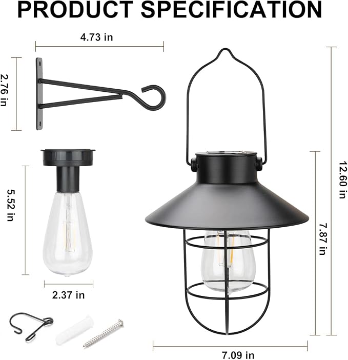 pearlstar Solar Lanterns Outdoor Metal Solar Powered Hanging Lights Waterproof for Wall Yard Garden Patio Garage Balcony Porch Fence Decor, Warm White Edison Bulb,with Wall Mount Kit（Black-1pack）-VerdiqueGarden