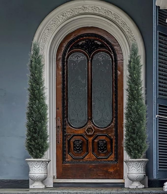 momoplant Artificial Topiary Cedar Tree Outdoor Uv Resistant, 5.5 Ft Faux Cypress Toparies Trees 67 Inch Fake Plant【2 Pack】 with Black Pot-VerdiqueGarden