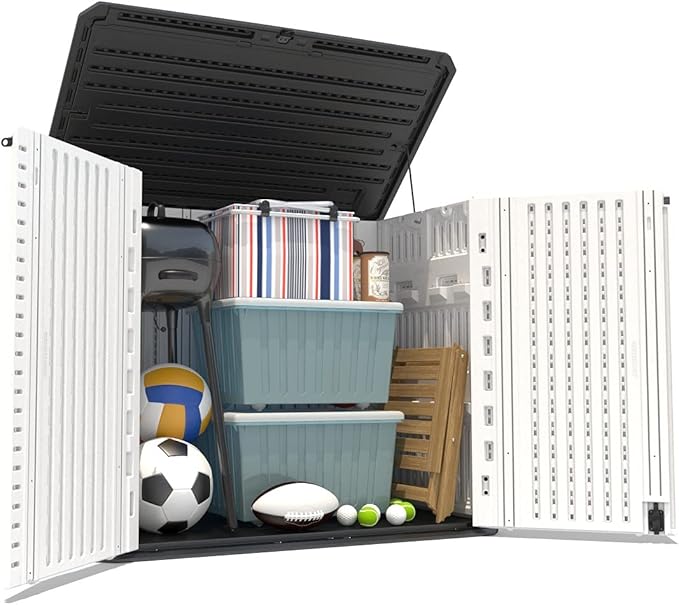 HOMSPARK Storage Shed Weather Resistance, Multi-Purpose Outdoor Storage Cabinet for Backyards and Patios, Horizontal Storage Shed for Lawnmower, Patio Accessories (White 1, Large - 26 cu.ft)-VerdiqueGarden