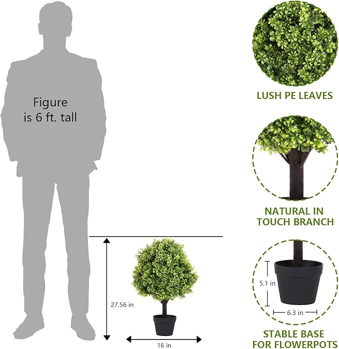 27“ Realistic Artificial Boxwood Topiary Trees Set of 2, Faux Boxwood Plants Outdoor UV-Resistant, No Maintenance Curb Appeal Fake Evergreen Bushes & Shrubs for Front Porch Outside Planter Decor-VerdiqueGarden