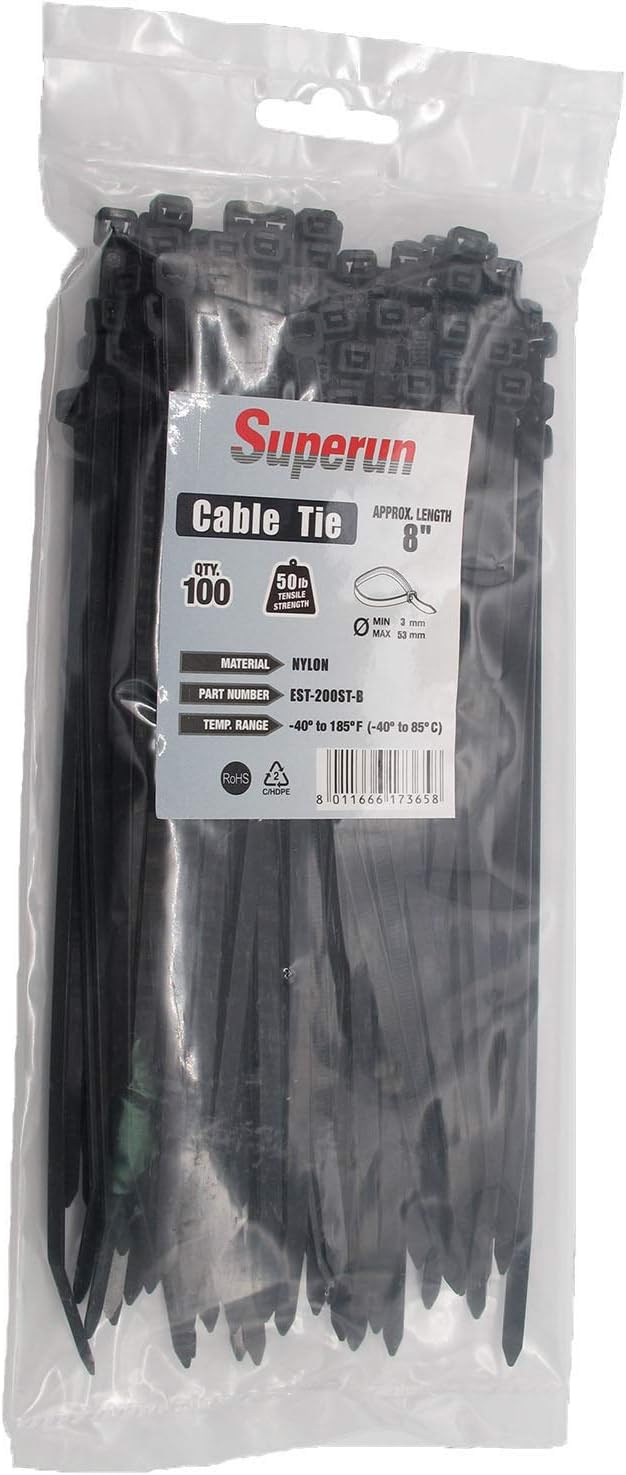 Superun Heavy Duty Zip Ties 8 Inch, 50 Lbs Tensile Strength Selflocking Wire Ties (Industrial Grade Cable Ties) Pack of 100 Black-VerdiqueGarden