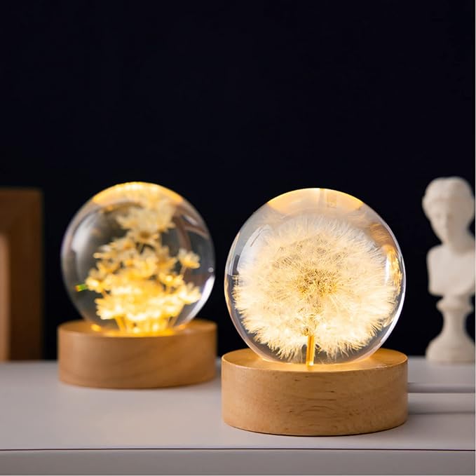 Flower Crystal Ball Night Light,2.4 inch Glass Ball Night Lamp with Woodern Base (Dandelion)-VerdiqueGarden