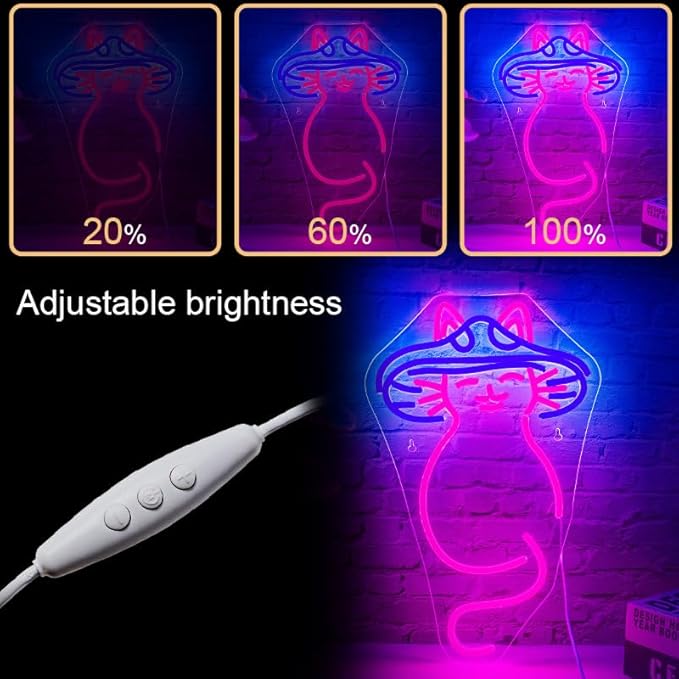 Mushroom Cat Neon Sign Cat Neon Signs for Wall Decor Dimmable Mushroom Cat Neon Lights LED Light Up Sign for Bedroom,Living Room,Bar,Party,Christmas,Birthday Art Gift-VerdiqueGarden