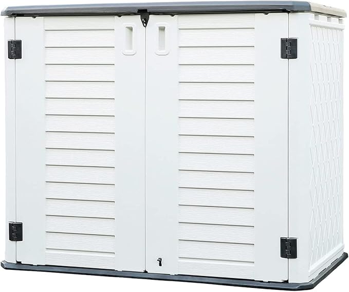 KINYING Outdoor Storage Shed - Horizontal Storage Box Waterproof for Garden, Patios, Backyards, Multi-Opening Door for Easy Storage of Bike, Garbage Cans, Tools, Lawn Mower, Off-White, 26 Cubic Feet-VerdiqueGarden