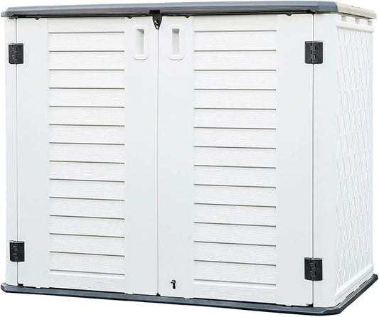KINYING Outdoor Storage Shed - Horizontal Storage Box Waterproof for Garden, Patios, Backyards, Multi-Opening Door for Easy Storage of Bike, Garbage Cans, Tools, Lawn Mower, Off-White, 26 Cubic Feet-VerdiqueGarden