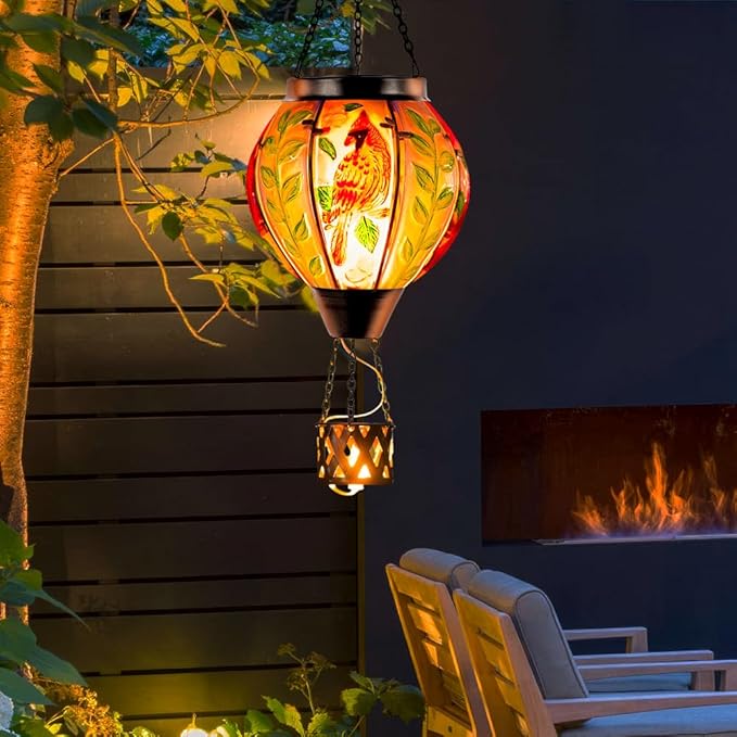 Starsoul Cardinal Hot Air Balloon Solar Flickering Flame with Candle Holder Outdoor Solar Lantern Hot Air Balloon Solar Light Waterproof Hanging Solar Balloon Lamp Garden Patio Yard Decor-VerdiqueGarden