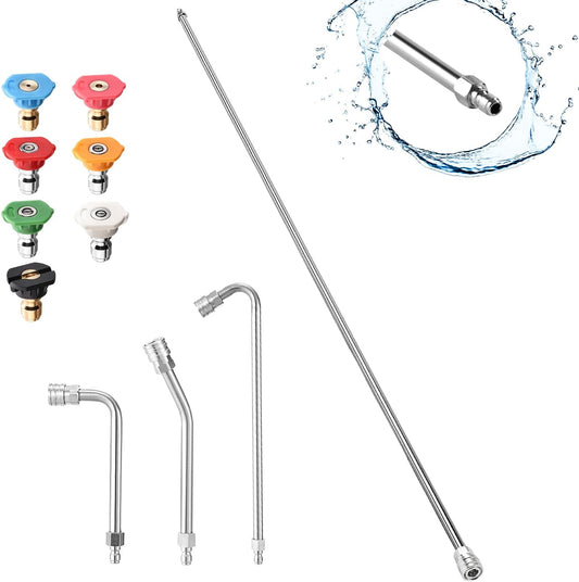 Selkie Pressure Washer Extension Wand, 60" Power Washer Extension Wand with 3pcs Curved Rod Lance& 7 Spray Nozzle Tips,Gutter Cleaner Attachment, 1/4” Quick Connect Fitting, 4000 PSI-VerdiqueGarden