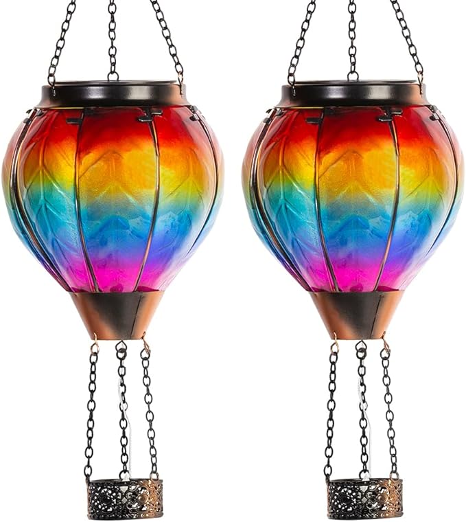 Starsoul 2 PC Rainbow Hot Air Balloon Solar Lantern with Flame Glass Outdoor Hanging Hot Air Balloon Solar Light Waterproof Garden Patio Yard Party Decorations-VerdiqueGarden