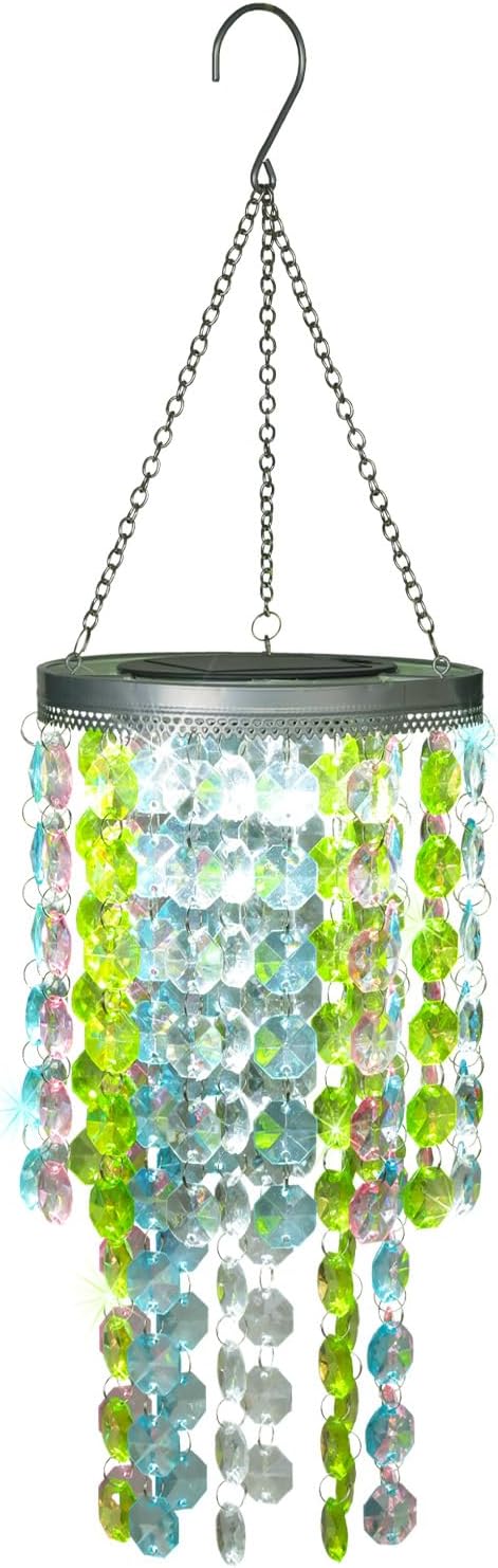 Hanging Solar Lantern Outdoor, 2 Tiers 21” Solar Multicolor Acrylic Beaded Chandelier with Cool White LED S Hooks for Garden Yard Patio Gazebo Outside Decor-VerdiqueGarden