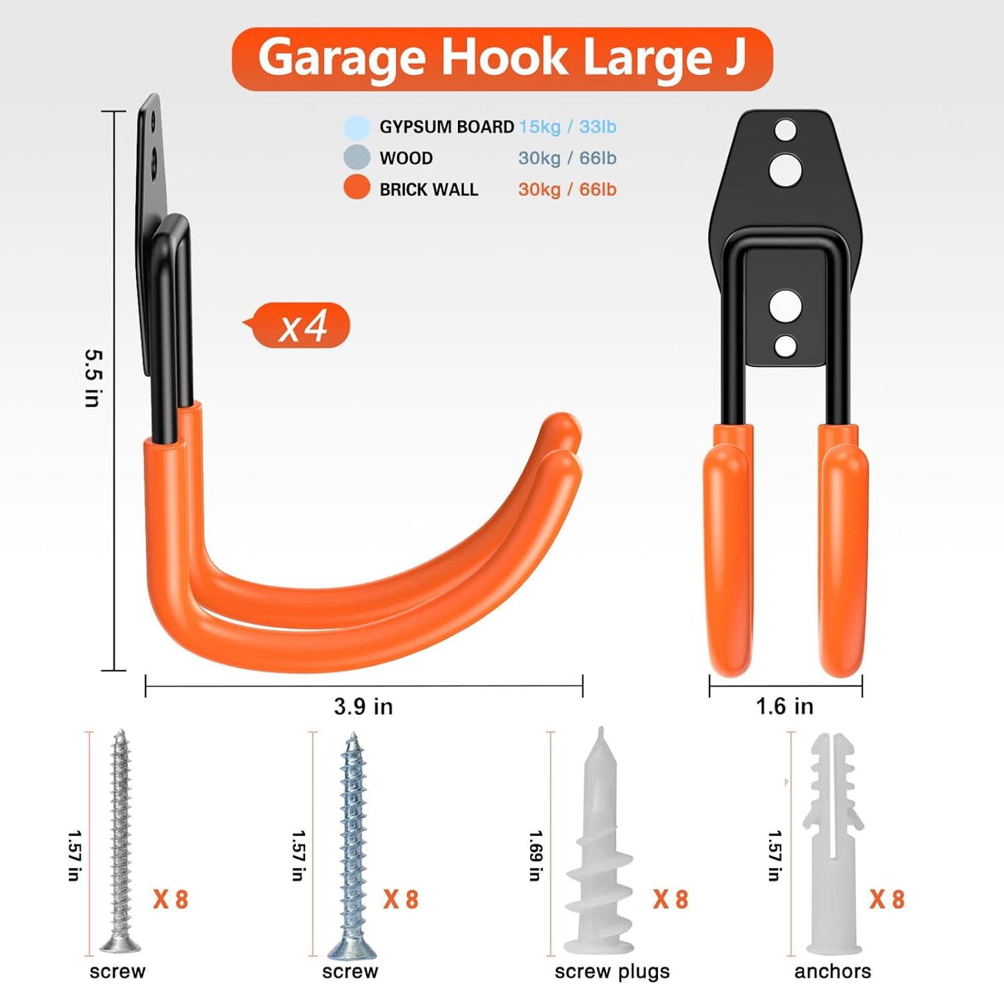 Heavy Duty Garage Hooks 4 Pack, J Shaped Hanger, Wall Mounted Storage System, Power and Garden Tool Organizer, for Hanging Ladders, Bikes Tires, Hose, Bulk Items-VerdiqueGarden