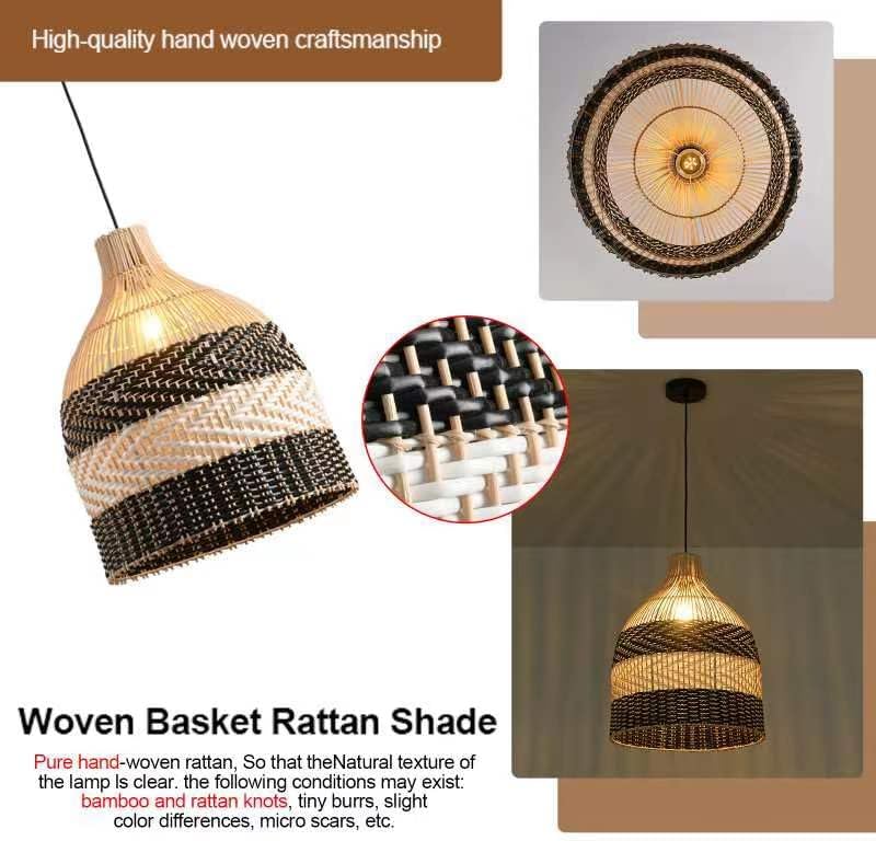 11.8" Rattan Pendant Light 1-Pack Black White Faux Rattan Basket Chandelier Boho Handmade Woven Oval Wicker Hanging Light Fixture for Public Place Dining Living Bedroom Kitchen-VerdiqueGarden