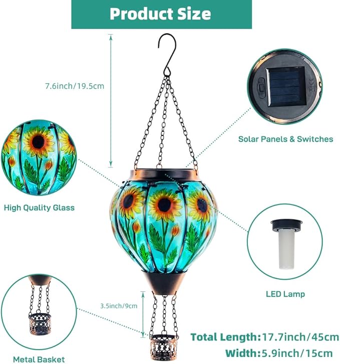 Starsoul 2 PC Sunflowers Hot Air Balloon Solar Lantern with Flame Glass Hanging Outdoor Hot Air Balloon Solar Light Waterproof Garden Patio Yard Party Decorations-VerdiqueGarden