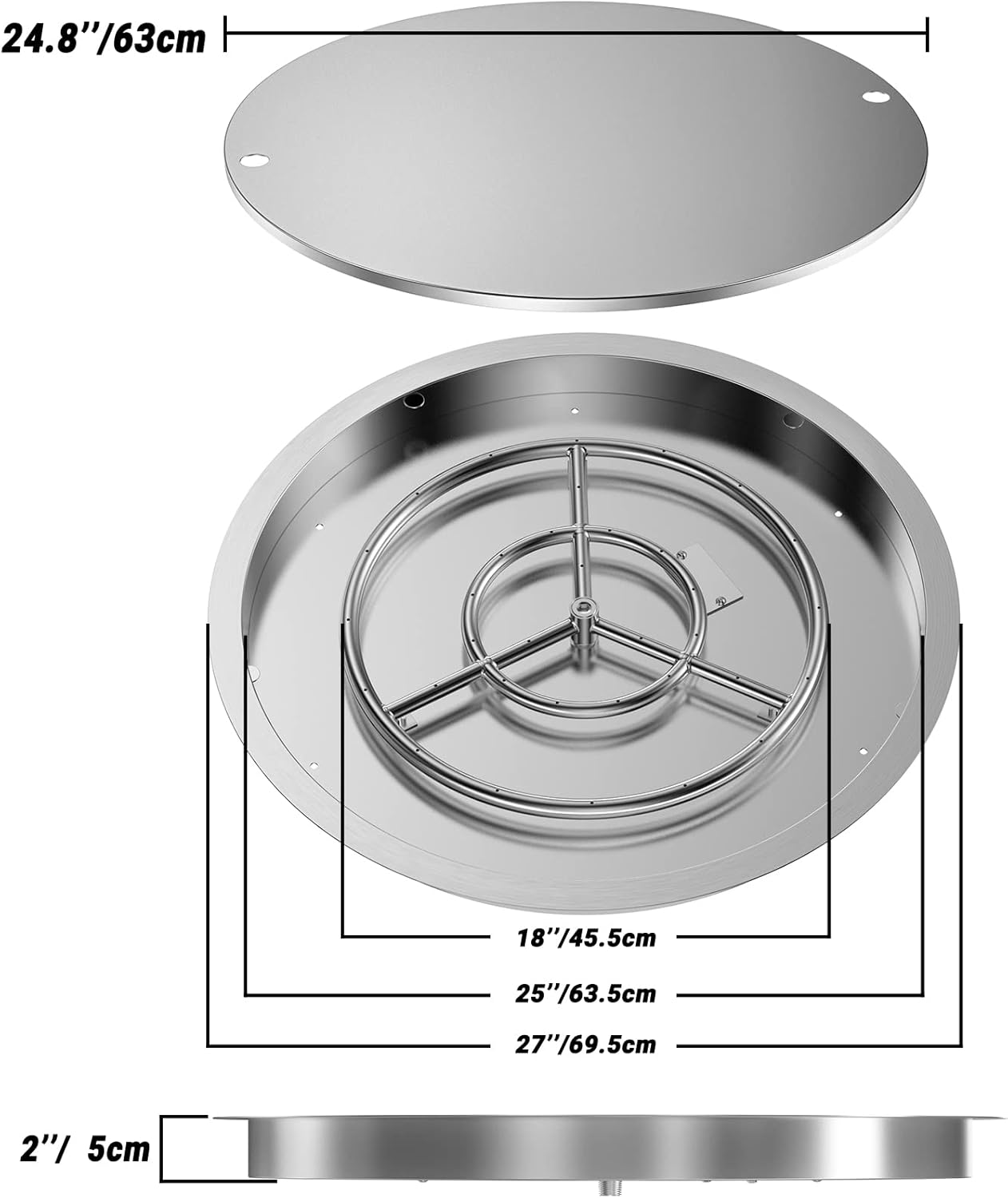 Skyflame 25 Inch Round Stainless Steel Drop-in Fire Pit Pan Fire Bowl with Burner Ring and Protective Cover, DIY Firepit System Assembly Set for Both Natural Gas and Liquid Propane-VerdiqueGarden