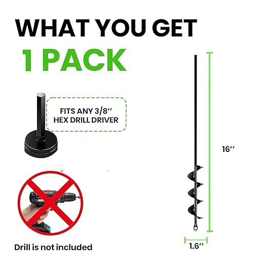 K-Brands Auger Drill Bit for Planting – 1.6 x 16 Inch - Garden Spiral Hole and Bulb Planter Tool for Umbrella Holes - Compatible with 3/8 Inch Hex Drive-VerdiqueGarden