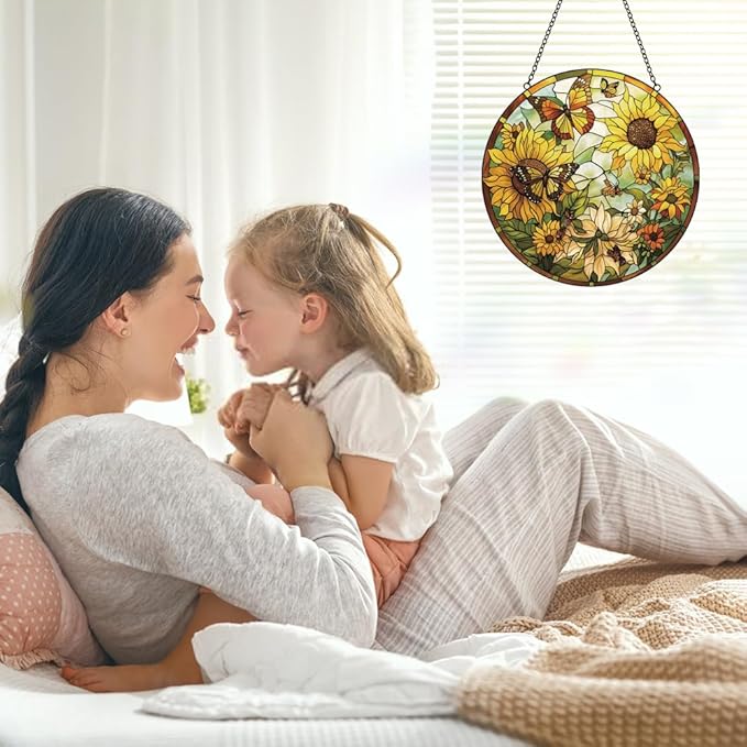 Sunflower Decor Suncatcher Stained Glass Window Hanging - Butterfly Stained Glass Suncatchers for Windows - Sun Catchers Indoor Window with Chain and Hook - Sunflower Gifts for Women Mom Teacher Gift-VerdiqueGarden