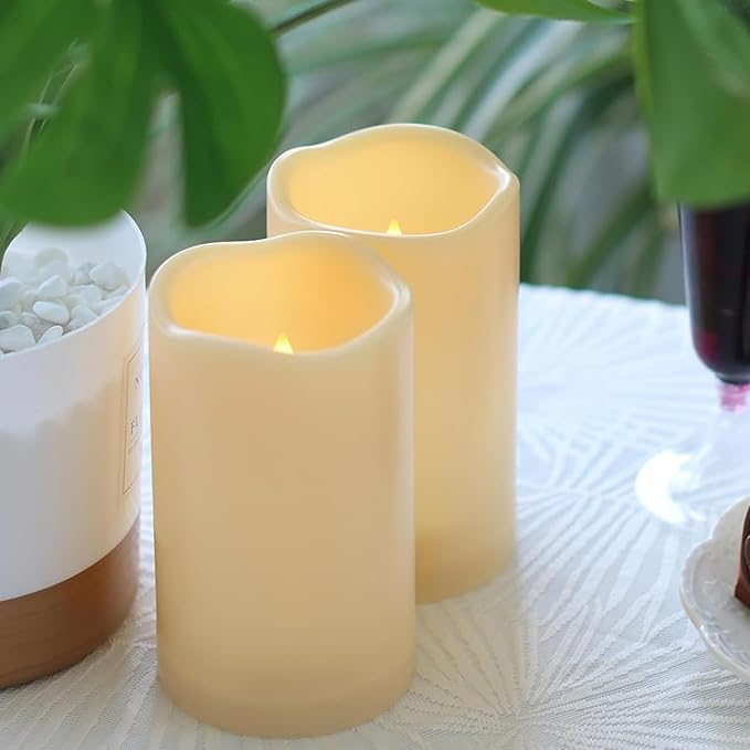 2 Pack 5'' Outdoor Battery Operated Candles with Timer Flameless LED Flickering Candles Waterproof Electric Pillar Decorative Candle for Wedding Party Home Lantern Garden-VerdiqueGarden