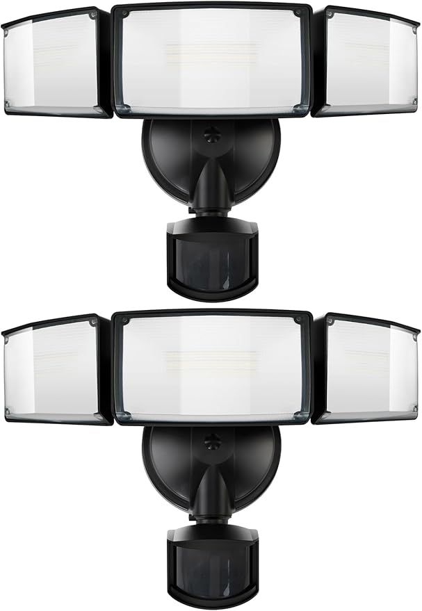 UME 2 Pack 5500LM LED Security Lights Motion Sensor Light Outdoor, 49W, 5000K Daylight, IP65 Waterproof, Dusk to Dawn, 3 Head Motion Detected Flood Light for Garage, Yard, Porch (Black)-VerdiqueGarden