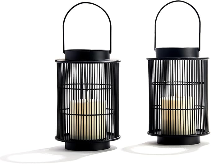 LampLust Outdoor Lantern Decorative Outdoor Patio Decor, Set of 2, 8 Inch Candle Lanterns, Black Metal, Outdoor Lanterns for Patio Waterproof, Battery Included, Modern Farmhouse Front Porch Décor-VerdiqueGarden