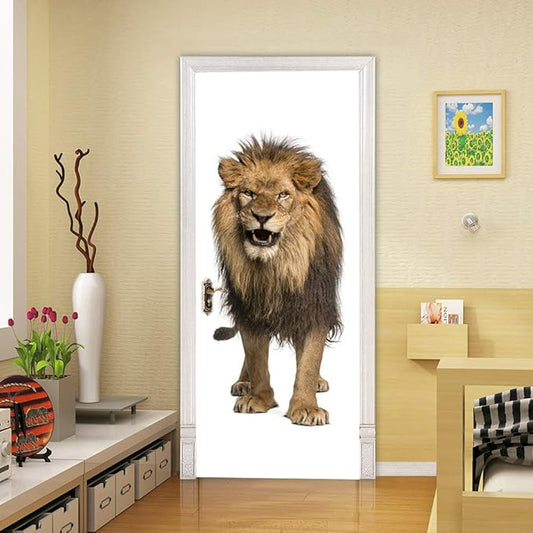 3D Lion Door Stickers - Peel & Stick - Waterproof & Washable - Matt Finish - Realistic Animal Print - Red, Brown, Beige - 37.4 x 82.7 inch - 2 Pieces-VerdiqueGarden