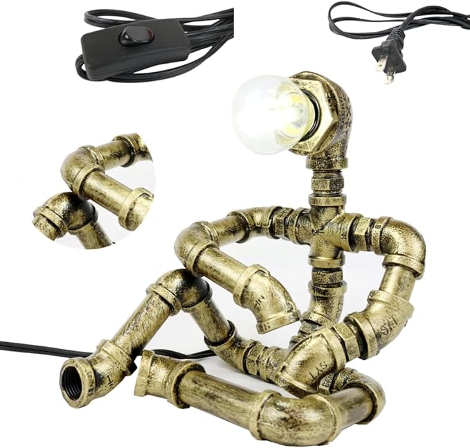 Steampunk Table Robot Lamps with 2 Bulbs,Retro Industrial Robot Desk Lamps Water Pipe Light for Office,Bedroom,Living Room in Bronze-VerdiqueGarden