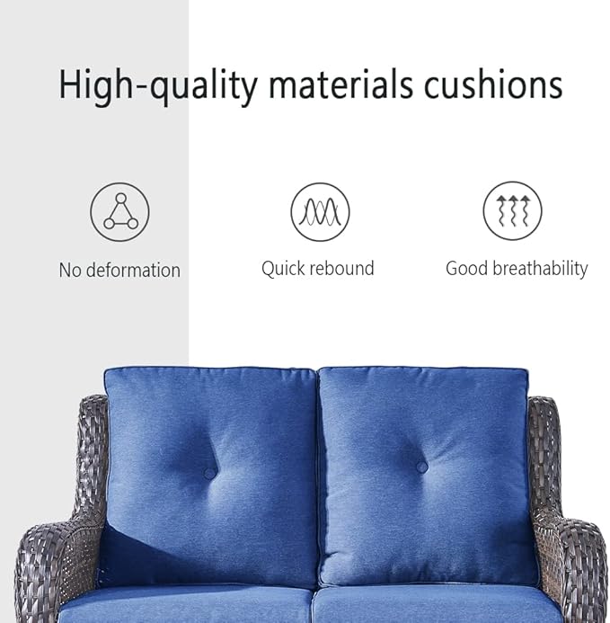 Wicker Outdoor Furniture Patio Furniture Set - 6 Piece Patio Conversation Set with Swivel Rocker Chairs, Loveseat Sofa, Ottomans and Coffee Table, Blue Cushion-VerdiqueGarden