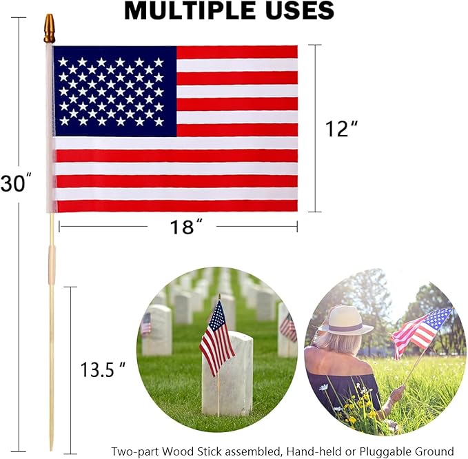 12 Pack 12x18 Inch American Flags for Outside, US Flags with Kid-Safe Spear Top ,American Flags on Stick, Patriotic Decorations,Perfect for Flag Day, Memorial Day, Independence Day Patriotic Holiday Yard Garden Flags-VerdiqueGarden