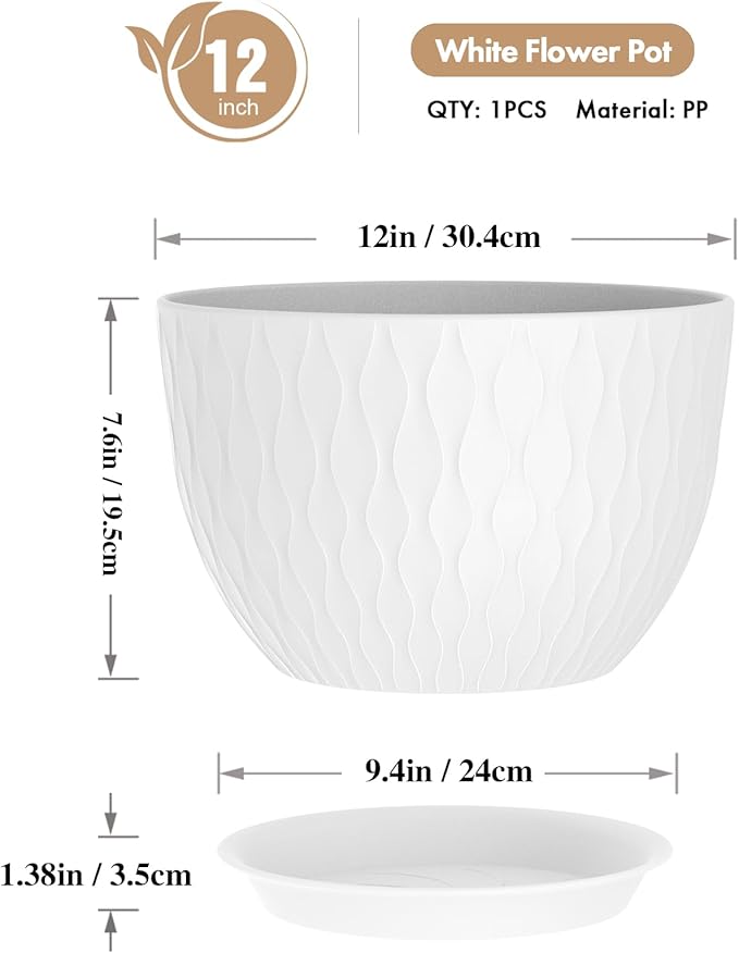 12 Inch Large Plant Pots for Indoor or Outdoor Plants, Wide Water Ripples Flower Pots with Drainage Holes & Saucer, Plastic Planters Set for Garden & Home Decor (White)-VerdiqueGarden