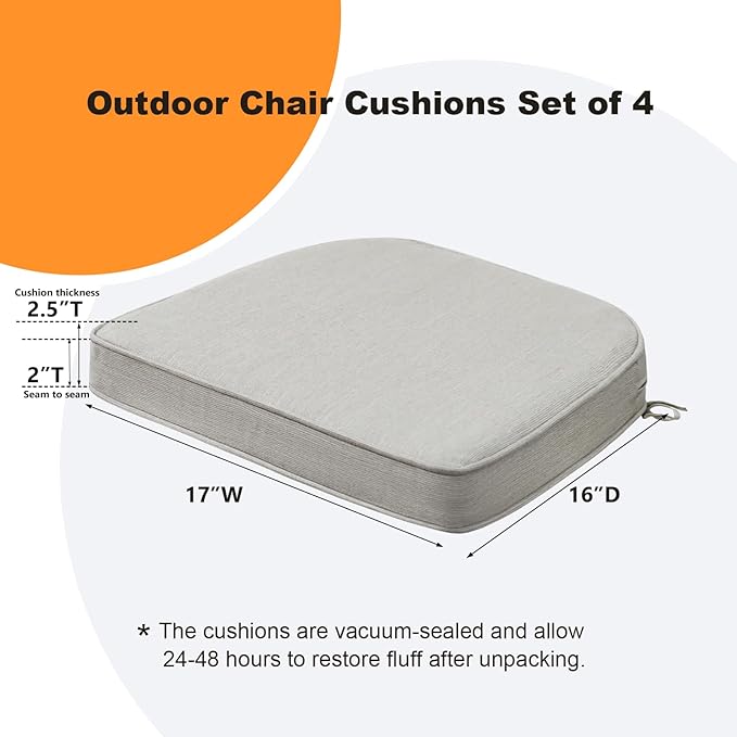 Sunbrella Round Corner Seat Cushions, 17" x 16" x 2", Set of 4, Indoor Outdoor Water Repellent Universal Chair Pads with Ties for Patio Furniture, Garden Dining Chairs, Specrtum Pebble-VerdiqueGarden