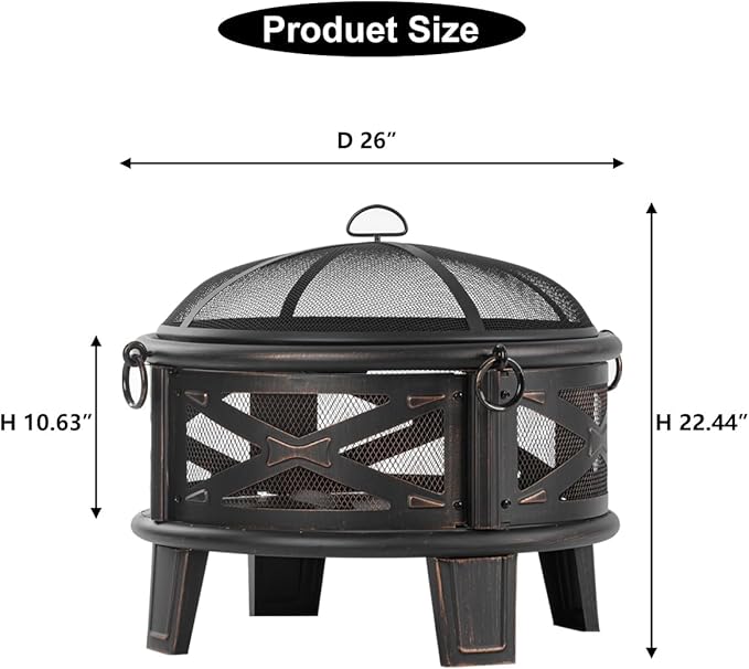 Breezz 26 Inch Wood Burning Fire Pit with Cooking Grill and Spark Screen, Outdoor Metal Round Firepit for Patio, Backyard, Bonfire Party, Camping-VerdiqueGarden