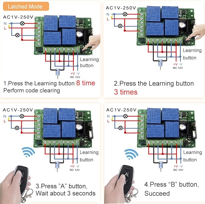 QIACHIP Universal 12V 4CH Wireless Relay Remote Module Switch RF 433Mhz with Remote Control Key Fob 2 Transmitters 1 Receiver for Light Garage Door Electric Gate,Momentary Toggle Latched(KR1204)-VerdiqueGarden