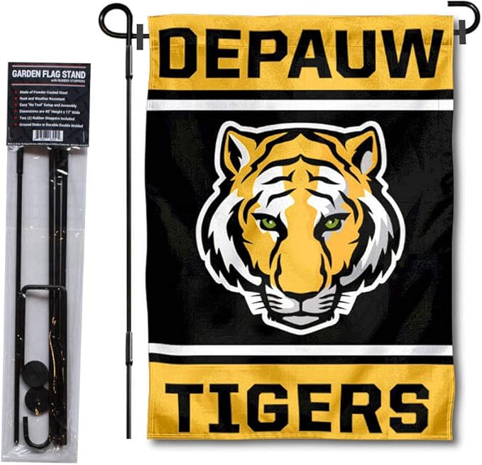 College Flags & Banners Co. DePauw Tigers Garden Flag with Pole Stand Holder-VerdiqueGarden