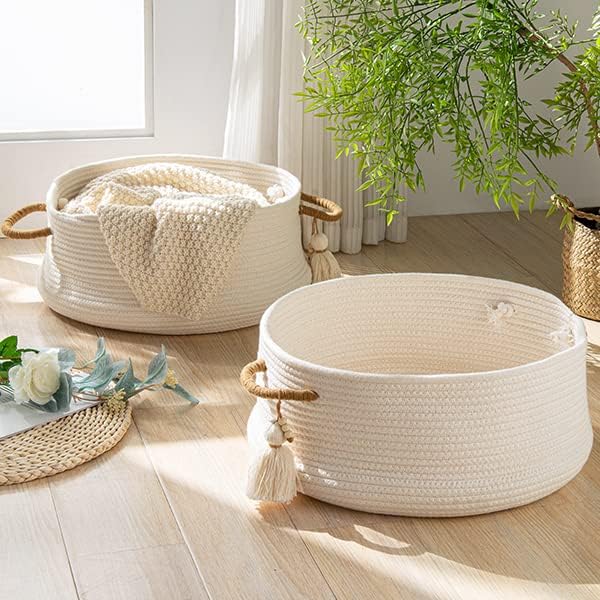 KAKAMAY Woven Baskets for Storage(16"x8"),Blanket Basket for Organizing Living Room,Cotton Rope Basket Woven Baby Laundry Hamper,Collapsible Laundry Room Organization,Clothes,Toy Chest(White)-VerdiqueGarden