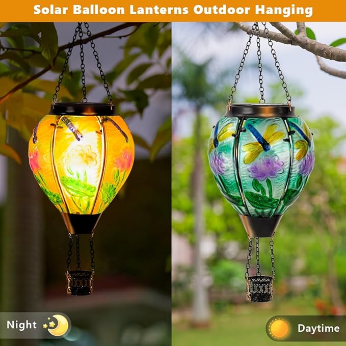 Starsoul Starsoul Dragonfly Hot Air Balloon Solar Lantern Glass Outdoor Hanging Hot Air Balloon Solar Flickering Flame Light Waterproof Garden Patio Yard Party Decorations-VerdiqueGarden