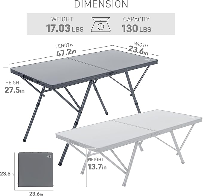 EVER ADVANCED Large Camping Table for 4-6 Person, Portable Folding Aluminum Table with Carrying Handle, Suitable for BBQ, Picnic, Camping and Indoor Use, Support up to 130LBS, Gray-VerdiqueGarden
