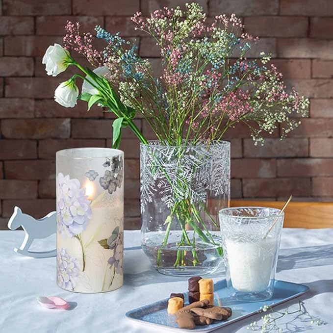 Hydrangea Flameless Candles Flickering, Spring LED Battery Operated Candles with Remote Timer, Glass and Real Wax Pillar Candles for Garden Home Decor(Set of 3, D3 xH4 5" 6")-VerdiqueGarden