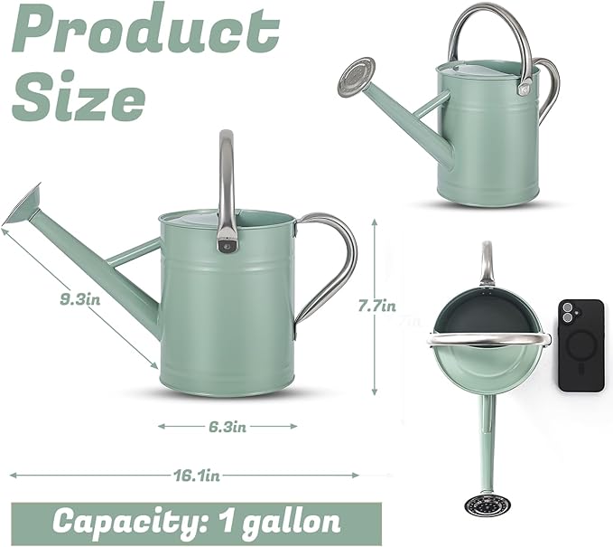 1 Gallon Watering Can for Plants, Watering Cans for Indoor&Outdoor Gardening, Galvanized Steel Watering Pot with Removable Spout, Metal Water Can with Ergonomic Movable Handle(Cream Green)-VerdiqueGarden