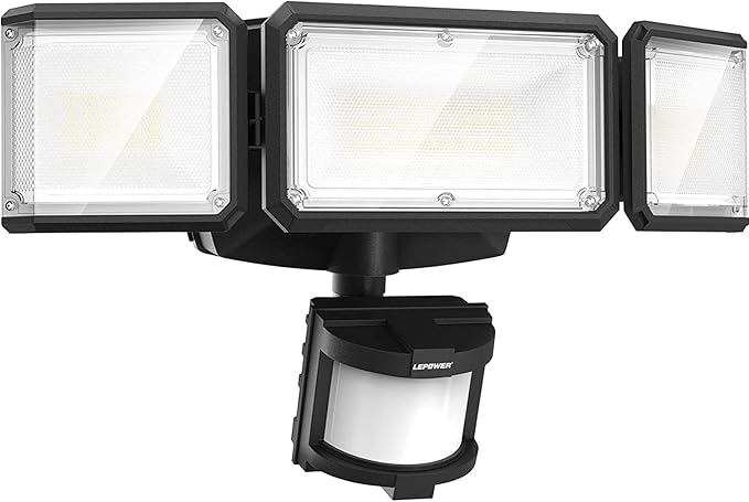 LEPOWER Battery Powered LED Flood Light Outdoor,1500LM Motion Sensor Security Lights, IP65 Waterproof,Wireless Flood Light Battery Operated,3 Head Motion Detector Light for Garage,Yard,Porch(Black)-VerdiqueGarden