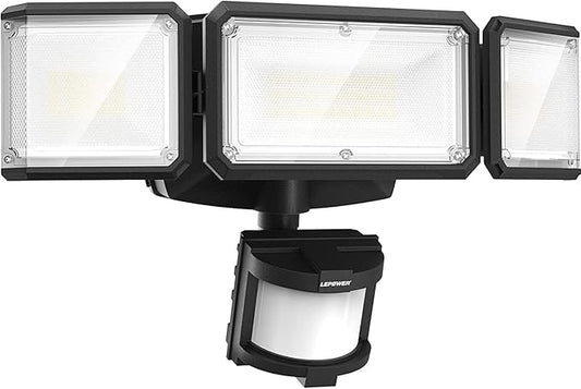 LEPOWER Battery Powered LED Flood Light Outdoor,1500LM Motion Sensor Security Lights, IP65 Waterproof,Wireless Flood Light Battery Operated,3 Head Motion Detector Light for Garage,Yard,Porch(Black)-VerdiqueGarden