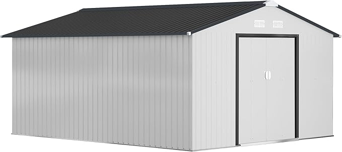 Outsunny 11' x 13' Outdoor Storage Shed, Garden Tool Metal Shed with Foundation Kit, Double Lockable Door, Air Vents and Sloping Roof, for Backyard, Patio, Lawn, White-VerdiqueGarden