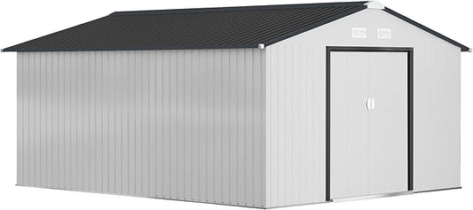 Outsunny 11' x 13' Outdoor Storage Shed, Garden Tool Metal Shed with Foundation Kit, Double Lockable Door, Air Vents and Sloping Roof, for Backyard, Patio, Lawn, White-VerdiqueGarden