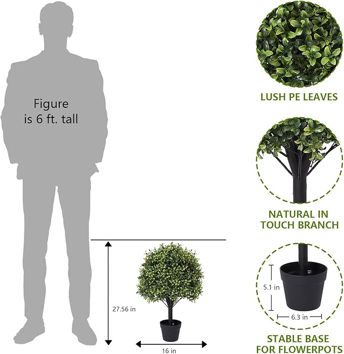 27“ Realistic Artificial Boxwood Topiary Trees Set of 2, Faux Boxwood Plants Outdoor UV-Resistant, No Maintenance Curb Appeal Fake Evergreen Bushes & Shrubs for Front Porch Outside Planter Decor-VerdiqueGarden