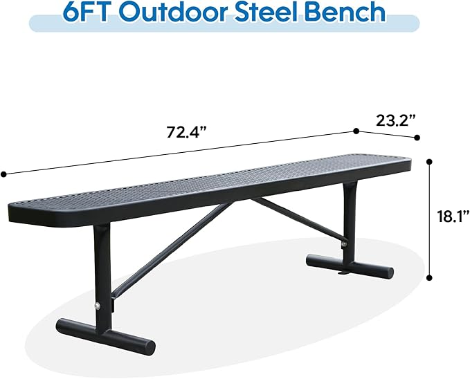 72" L Steel Flat Bench Garden Bench, Black Outdoor Park Bench Weather-Resistant Steel Metal, Patio Seating for Front Porch Backyard Park Outside, Metal Benches for Outside to dodrill to Ground-VerdiqueGarden