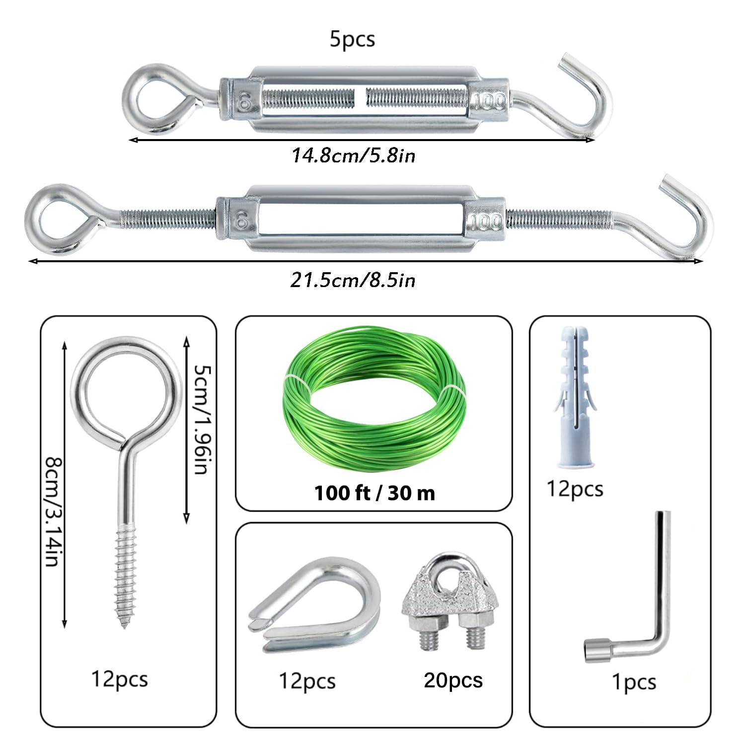 100 Ft Turnbuckles for Cables Wire, 3/16" Green PVC Coated Wire Rope Kit, Multi-use Steel Cable for Grape Vines/Clothes Line Outdoors for T Post/String Light Hanging/Garden Wire-VerdiqueGarden
