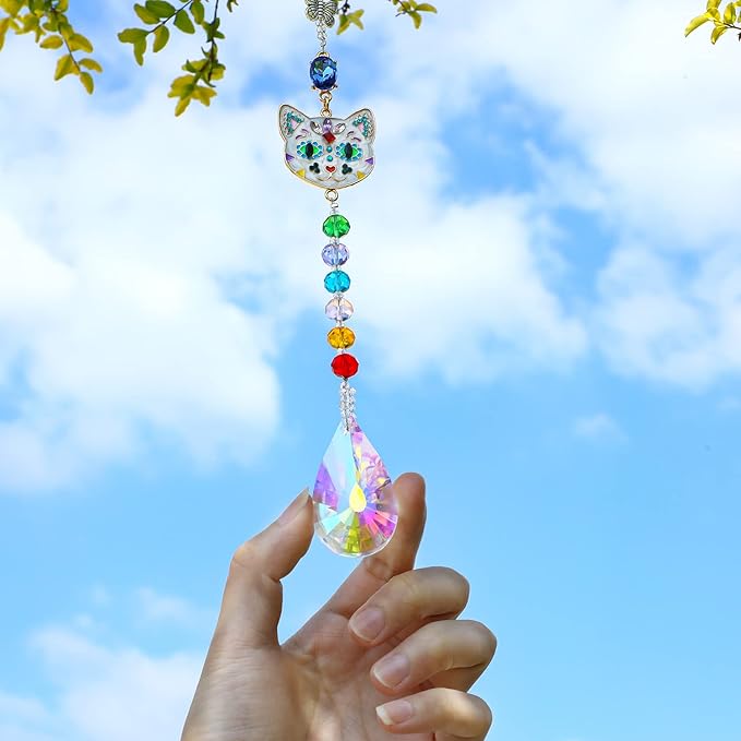 Crystal Rhinestones Suncatcher Cat Face Shaped with Butterfly Window Hang Pendant, Rainbow Crystal Colorful Prisms Ornament Gift Christmas Tree Decoration-VerdiqueGarden